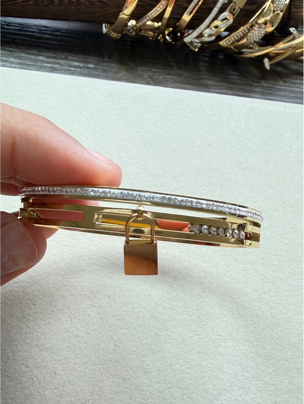 Non-Tarnish 18K Gold Plated Crystal Lock Bangle